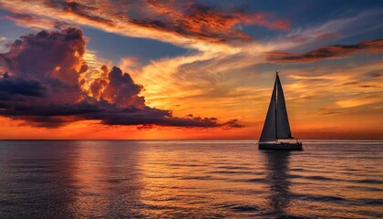 Serene seascape with a sailboat sailing into the sunset