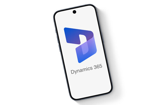 Microsoft Dynamics 365 Logo is displayed on a modern smartphone, laying on a white underground, enterprise resource planning (ERP) and customer relations management