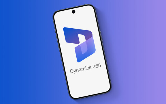 Microsoft Dynamics 365 Logo is displayed on a modern smartphone, laying on a underground with a purple gradient, enterprise resource planning (ERP) and customer relations management