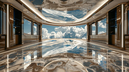 A marble floor in a luxury yacht's main saloon, designed to give guests the impression they are standing atop the earth. 32k, full ultra HD, high resolution - obrazy, fototapety, plakaty