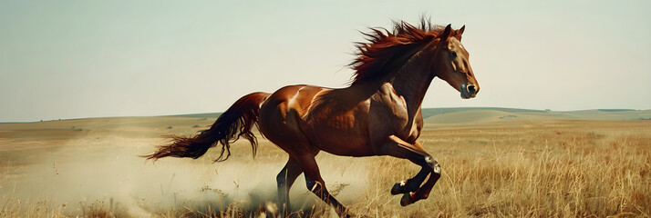 Splendid Display of Equine Agility and Speed: A Chestnut Horse Galloping On Open Fields - obrazy, fototapety, plakaty