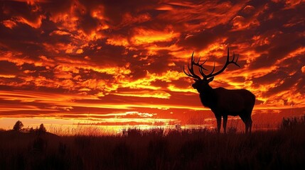 A majestic elk, its imposing antlers silhouetted against the fiery hues of a breathtaking sunset in the rugged wilderness.