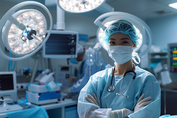 Asian female surgeons in Action: Empowering asian Women in Surgical Attire with bouffant cap, surgical Mask and Gloves. Empowering and diversity concepts. Image created with AI.