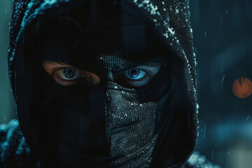 Robber, thug in a balaclava on a black background. Robbery, hacker, crime, theft - obrazy, fototapety, plakaty
