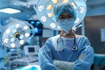Asian female surgeons in Action: Empowering asian Women in Surgical Attire with bouffant cap, surgical Mask and Gloves. Empowering and diversity concepts. Image created with AI.