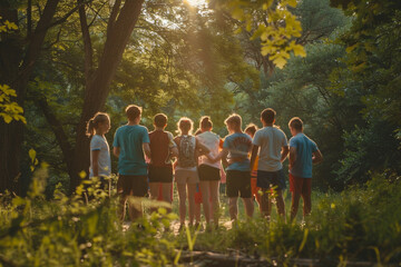 Shot of a group of kids standing in a circle in nature at summer camp