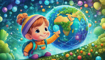 OIL PAINTING STYLE CARTOON CHARACTER CUTE baby global internet work. World map,