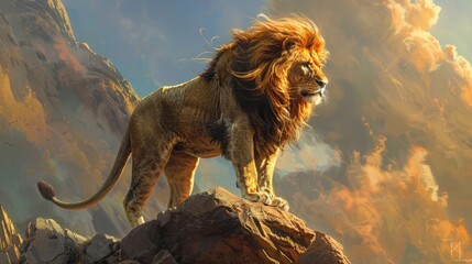 A majestic lion, its mane flowing in the wind as it surveys its territory from the vantage point of a rocky outcrop. - obrazy, fototapety, plakaty