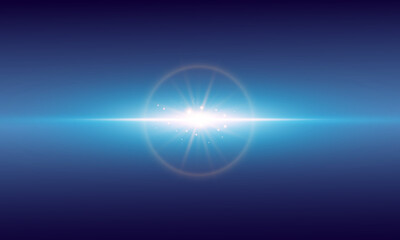 Bright sun shines with warm rays, Glow gold star sunlight on blue background.