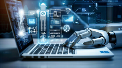 Title: "Digital Fusion"

Art Description: AI robot hand typing on laptop, digital data floating above, futuristic backdrop.