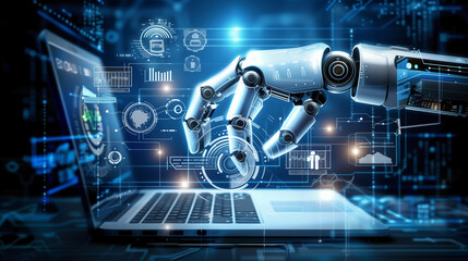 Title: "Digital Fusion"

Art Description: AI robot hand typing on laptop, digital data floating above, futuristic backdrop.