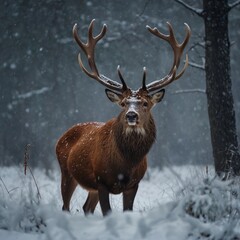 Winter photo of red deer. Deer standing in a snowstorm. Trophy deer with antlers in natural habitat. Wildlife photo. Generative AI