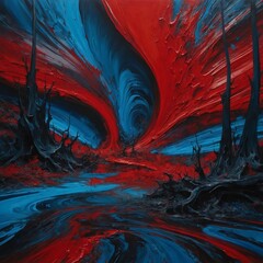 Stunning nature landscape, canvas amazing composition, oil painting of canvas amazing composition, in the style of red and azure, intense color swaths, black paintings, scarlet and blue. Generative AI