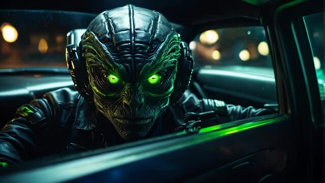 Scary alien in passenger seat green eye stare