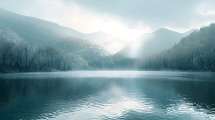 A detailed landscape photography capturing a serene mountain scene with a tranquil lake, featuring...