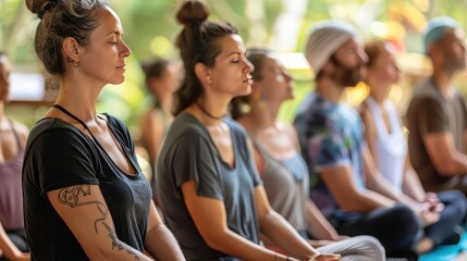 A rejuvenating post-yoga meditation session, with participants finding peace and clarity as they connect with their breath and embrace the present moment.