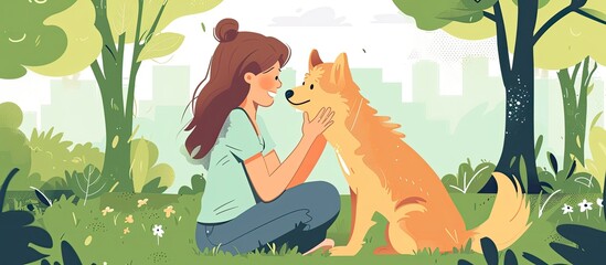 A woman, happy and kneeling down, is sharing a peaceful moment with a dog, a carnivore organism, in a park surrounded by grass and plants - obrazy, fototapety, plakaty