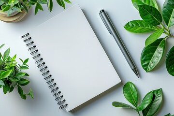 top view of spiral notebook, pen and plant on white background