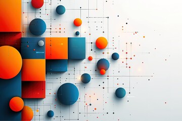 White background with orange and blue geometric shapes