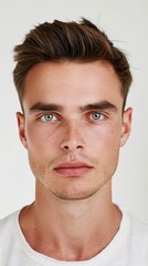Obraz premium Confident Gaze: Portrait of a Young Man. Close-up of a young man with striking blue eyes and a trendy hairstyle against a light background.