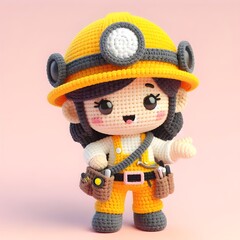 Ai Generated Crochet doll a mining worker cute excited funny smiling wearing uniform and equipment, is standing, 3d render