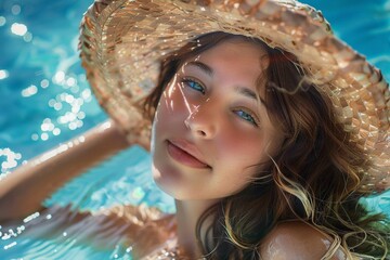 A young woman enjoys a relaxing moment in a swimming pool