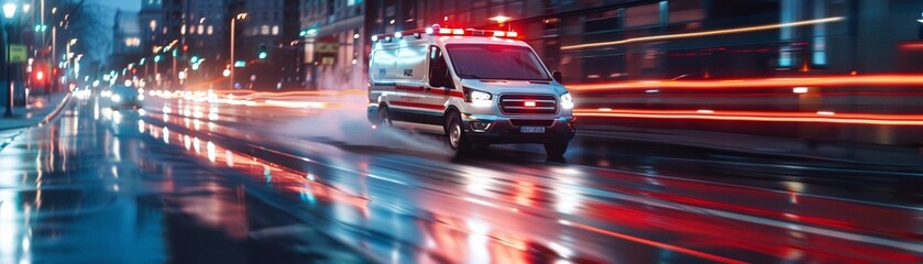 An ambulance speeds urgently through city streets at dusk its lights reflecting on the asphalt