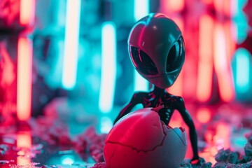 Alien figure hatching from a red egg with a neon futuristic backdrop.