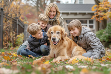 Fototapeta premium Cheerful, friendly, smiling family, parents and children play with their pet red Labrador dog in summer on the lawn in the yard of their house.