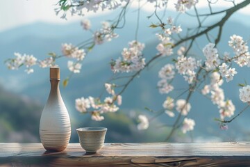 Elegant sake bottle and cup set against a backdrop of cherry blossoms and serene mountains.