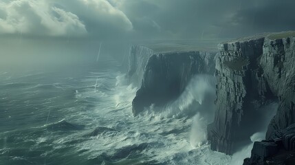 A rugged coastline battered by crashing waves, where towering cliffs stand defiant against the relentless march of the sea.