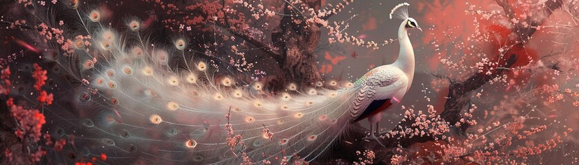Rare white peacock with a splendid tail in a dreamy pink blossom forest setting.