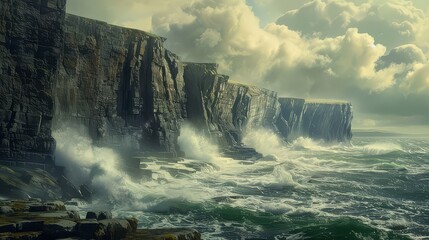 A rugged coastline battered by crashing waves, where towering cliffs rise defiantly from the foaming sea below. - obrazy, fototapety, plakaty