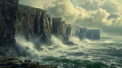  A rugged coastline battered by crashing waves, where towering cliffs rise defiantly from the foaming sea below. © Sardar