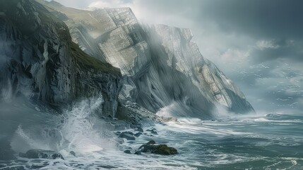 A rugged coastline battered by crashing waves, where towering cliffs stand defiant against the relentless march of the sea.