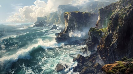 A rugged coastline battered by crashing waves, where rocky cliffs rise majestically from the tumultuous sea below.