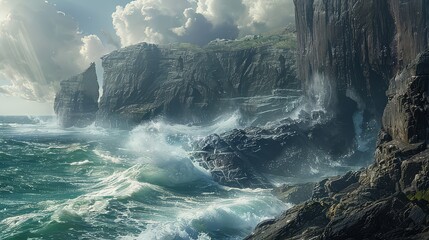 A rugged coastline battered by crashing waves, where towering cliffs rise defiantly from the foaming sea below. - obrazy, fototapety, plakaty