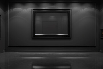 An elegantly minimalist art gallery, where a black wall serves as the backdrop for an onyx black frame. The empty frame's reflective surface mirrors the subtle ambient lighting, enhancing its allure.