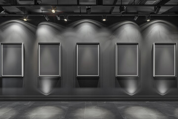 A chic art gallery with charcoal grey walls and a collection of thin, metallic silver frame mockups. Each frame is lit by sharp, direct spotlight lamps from the ceiling, 