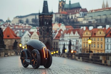 Futuristic autonomous vehicle on historic city bridge