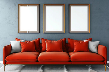 A contemporary Scandinavian living room with a cherry red sofa against a slate grey wall. Four...
