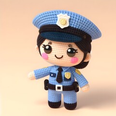 Ai Generated Crochet doll a Police cute excited funny smiling wearing uniform and equipment, is standing, 3d render