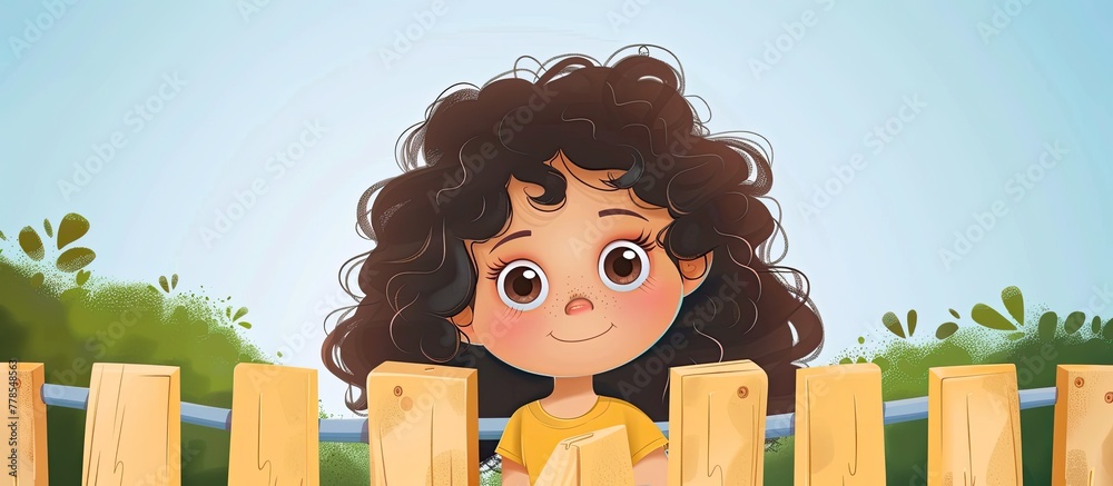 Canvas Prints a happy cartoon girl with eyewear is standing next to a wooden fence under a clear sky. the scene ex