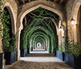 Naklejka premium A long, winding walkway lined with arches made of stone.