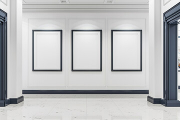 A white art gallery with a sophisticated ambiance, featuring empty blank mock-up posters in frames of a rich, navy blue.