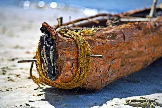 Closeup of Australian indigenous aboriginal Swamp Mahogany bark canoe on the Noosa River