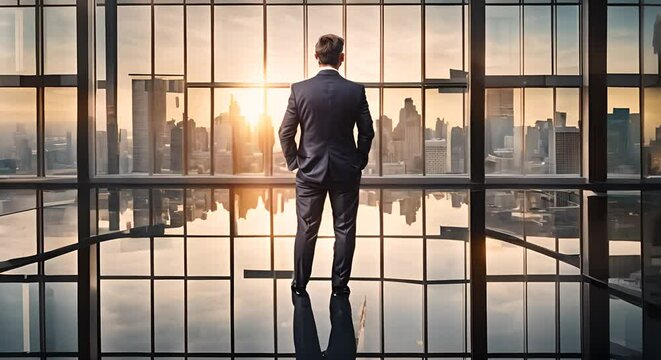 A contemplative businessman in a suit gazes out at the city skyline reflecting on corporate success and strategy
