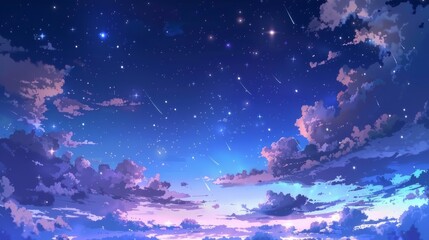 A view of the blue sky at night with stars and dark clouds.