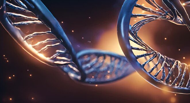 Artistically rendered image of a DNA double helix glowing in a dark blue environment symbolizing biotechnology and genetic research