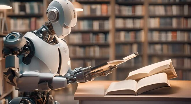 Ai robot reading book in library